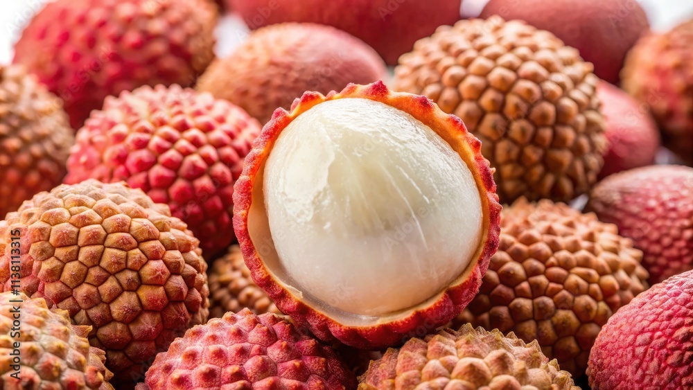 Close-Up of Ripe Lychee Fruits, Whole and Peeled, Showcasing Their Juicy Texture in Low Light for Food Photography Close-Up of Ripe Lychee Fruits, Whole and Peeled, Showcasing Their Juicy Texture in Low Light for Food Photography