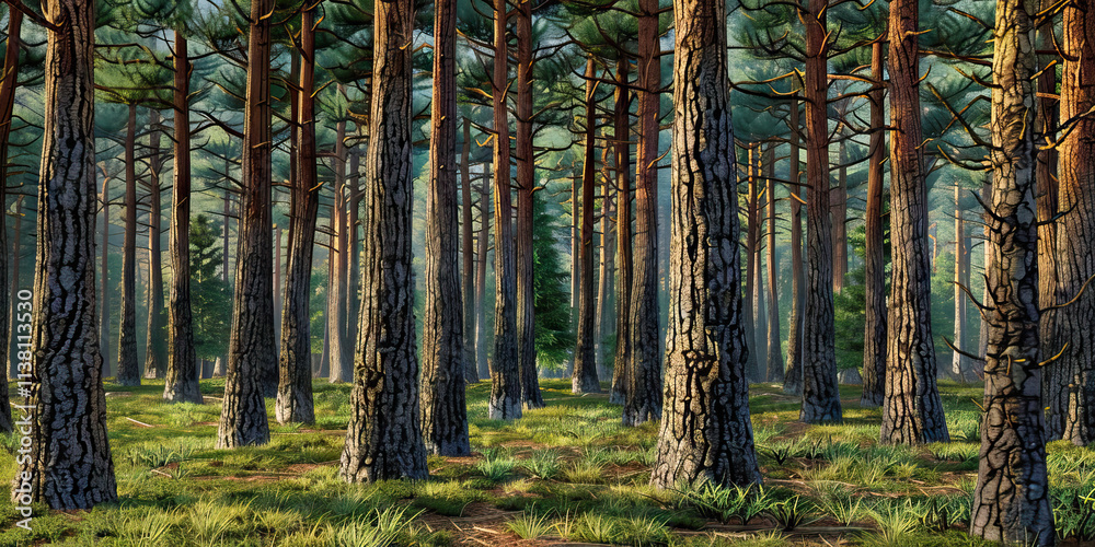 Image of a Pine Forest with Sunlight and Grass Undergrowth Image of a Pine Forest with Sunlight and Grass Undergrowth