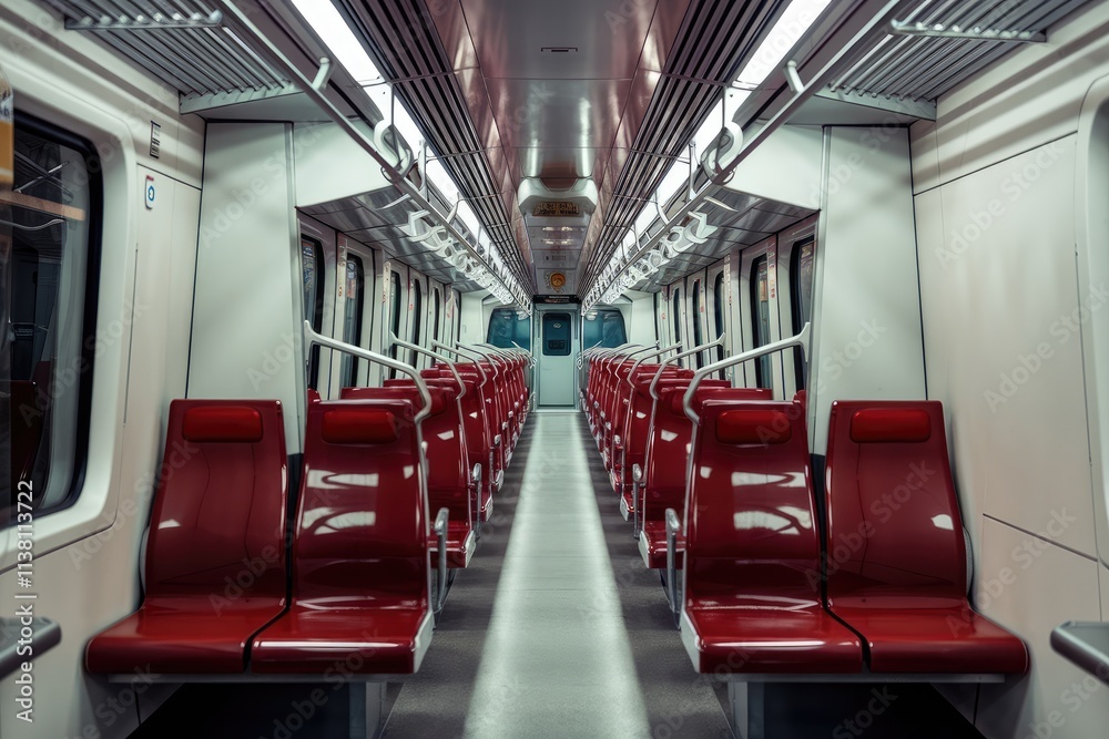 Empty subway car with red seats waiting for passengers