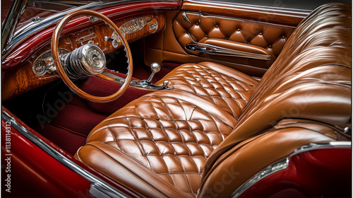 Detail of handcrafted stitching of leather seats of a luxury car photo