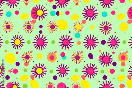 Vibrant Sunburst Pattern: A cheerful, playful design featuring colorful sunbursts and polka dots on a pastel green background. Perfect for textiles, packaging, and other creative projects. 