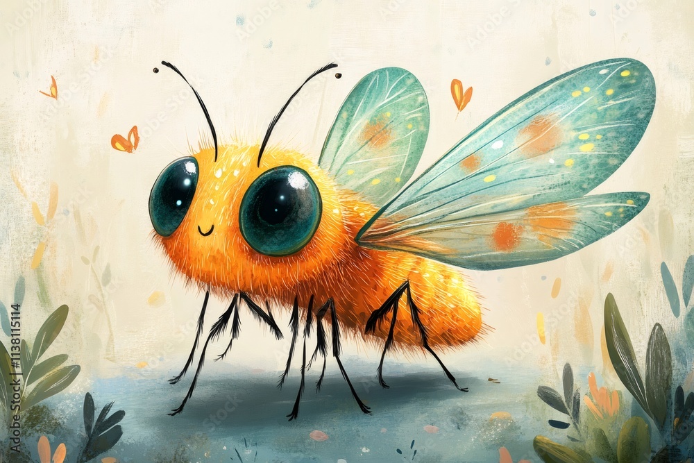 Adorable fluffy bee with big eyes exploring nature: digital painting