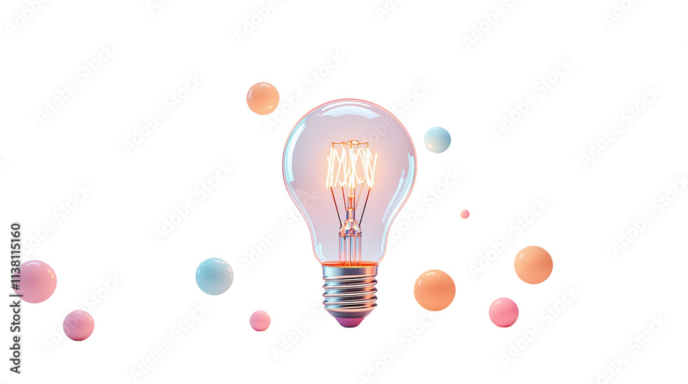 A glowing light bulb with vibrant filaments surrounded by pink, blue, and orange spheres, isolated on a white background. Concept of creativity. Ai generative.