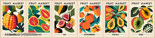 Set of Abstract Fruit Market retro posters. Trendy contemporary wall arts with fruit design in vivid bright colors. Modern naive groovy funky interior decorations, paintings. Vector illustrations.