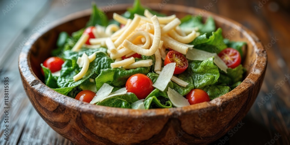 A Fresh Caesar Salad Served In A Wooden Bowl With Parmesan Shavings A Fresh Caesar Salad Served In A Wooden Bowl With Parmesan Shavings
