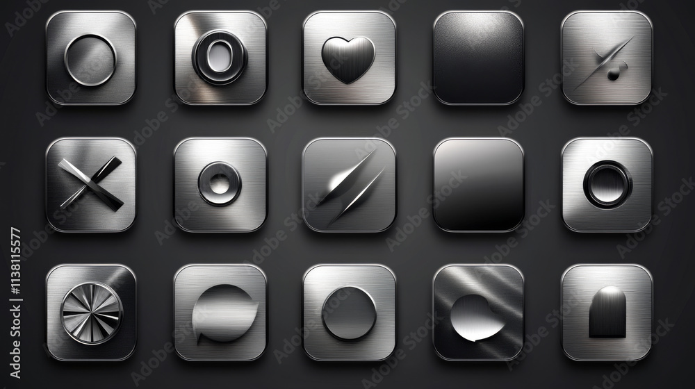 A set of silver steel or aluminium shiny glossy metal metallic internet application icon set series. A set of silver steel or aluminium shiny glossy metal metallic internet application icon set series.