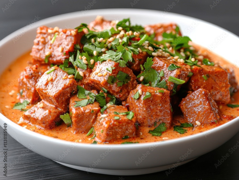 Flavorful dish of spiced tofu cubes garnished with herbs Flavorful dish of spiced tofu cubes garnished with herbs