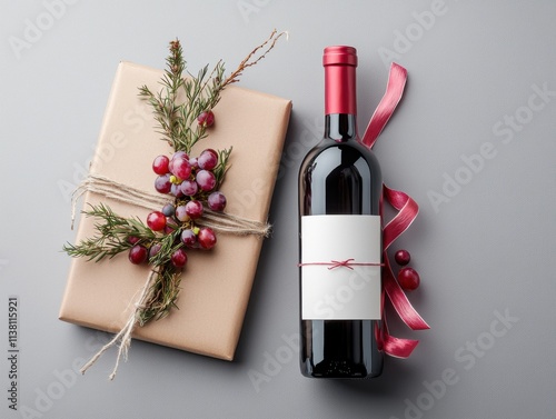 Festive Wine Gift Presentation with Box and Decorative Elements