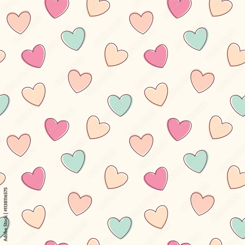 Seamless pattern with multicolored hearts and heart outline