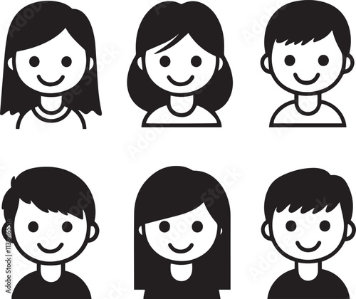 set of  simple avatars, no face expressions, icon style, black and white