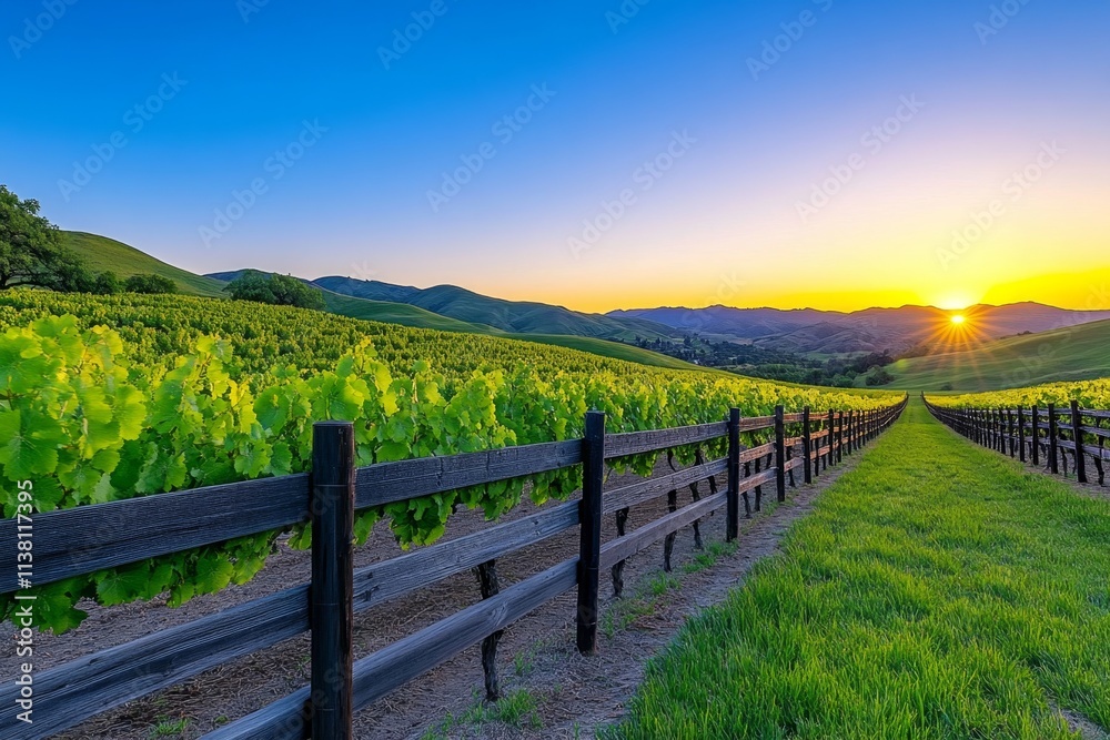 A picturesque vineyard with rows of grapevines enclosed by a wooden fence, with the sun setting over the hills in the background A picturesque vineyard with rows of grapevines enclosed by a wooden fence, with the sun setting over the hills in the background