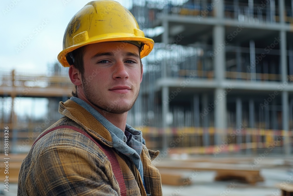 Fototapeta premium Construction worker wearing hard hat at building site