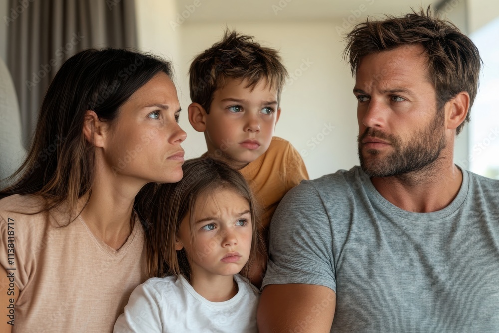 A family of four exhibits serious expressions while engaging in conversation, highlighting the importance of communication and understanding among family members. A family of four exhibits serious expressions while engaging in conversation, highlighting the importance of communication and understanding among family members.