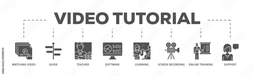 Video tutorial infographic icon flow process which consists of watching video, guide, teacher, software, learning, screen recording, online training, support icon live stroke and easy to edit . Video tutorial infographic icon flow process which consists of watching video, guide, teacher, software, learning, screen recording, online training, support icon live stroke and easy to edit .