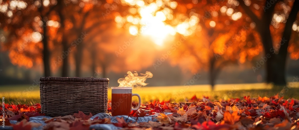 Autumn picnic in park with hot drink. Autumn picnic in park with hot drink.