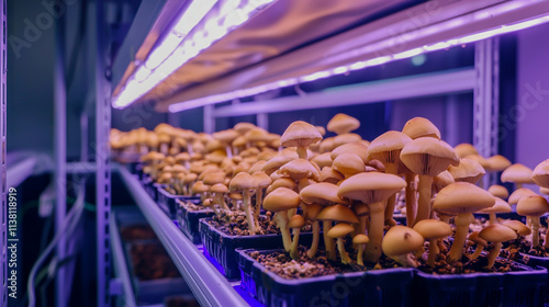 Hydroponic Urban Mushroom Farm in Controlled Environment for High-Yield Fruiting, Showcasing Modern Urban Farming Techniques. photo