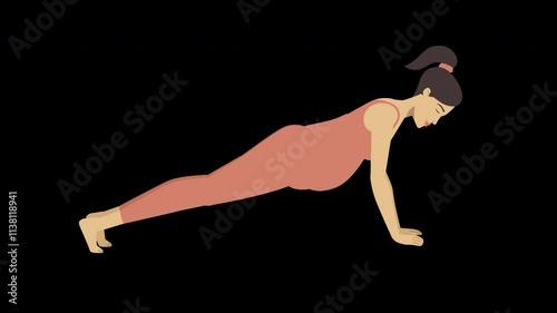 Animated illustration of a white pregnant woman doing sun salutation asana yoga chaturanga dandasana pose  photo