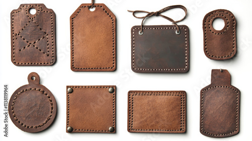 Set of brown isolated realistic leather patch. Label tag with seam template on transparent background. Vintage craft emblem design with string. Round and rectangle calfskin material sample, rivet