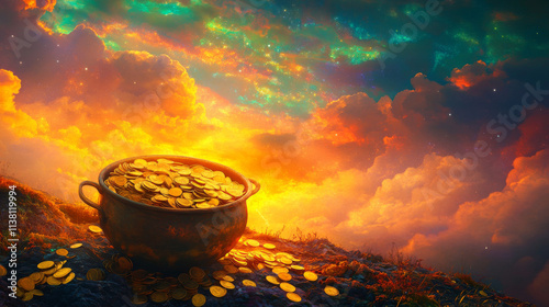 An illustration of a pot of gold coins like you might find at the end of a rainbow photo