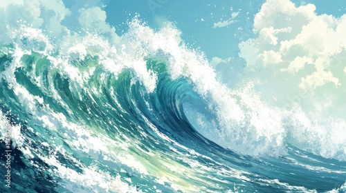 Great wave in ocean as Japanese style illustration wallpaper