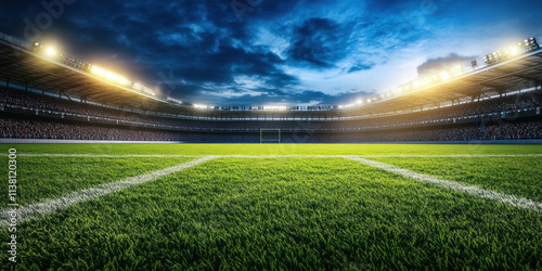 vibrant sports stadium at dusk, featuring lush green grass and bright floodlights illuminating field. atmosphere is electric, perfect for thrilling game