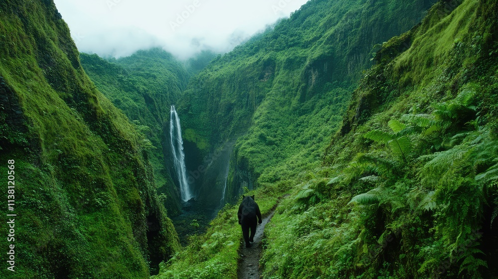 Serene Walk through Lush Green Valley with Waterfall in Background Serene Walk through Lush Green Valley with Waterfall in Background
