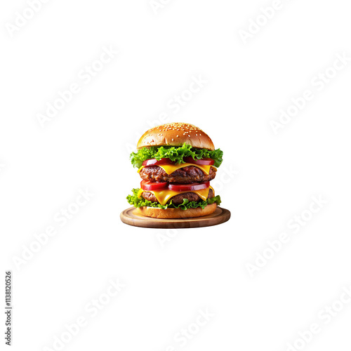 A huge double cheeseburger slices of juicy red tomato fresh sesame seeds setup in the isolate on transparent background