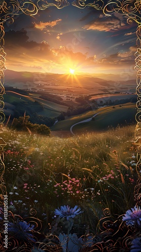 Golden Hour Panorama: Serene Sunset Over Rolling Hills and Flower Field