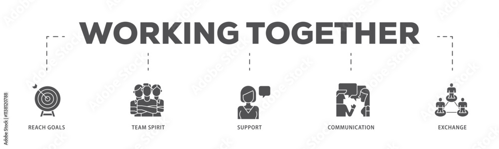Working together infographic icon flow process which consists of collaboration, reach goals, team spirit, support, communication, and exchange icon live stroke and easy to edit . Working together infographic icon flow process which consists of collaboration, reach goals, team spirit, support, communication, and exchange icon live stroke and easy to edit .