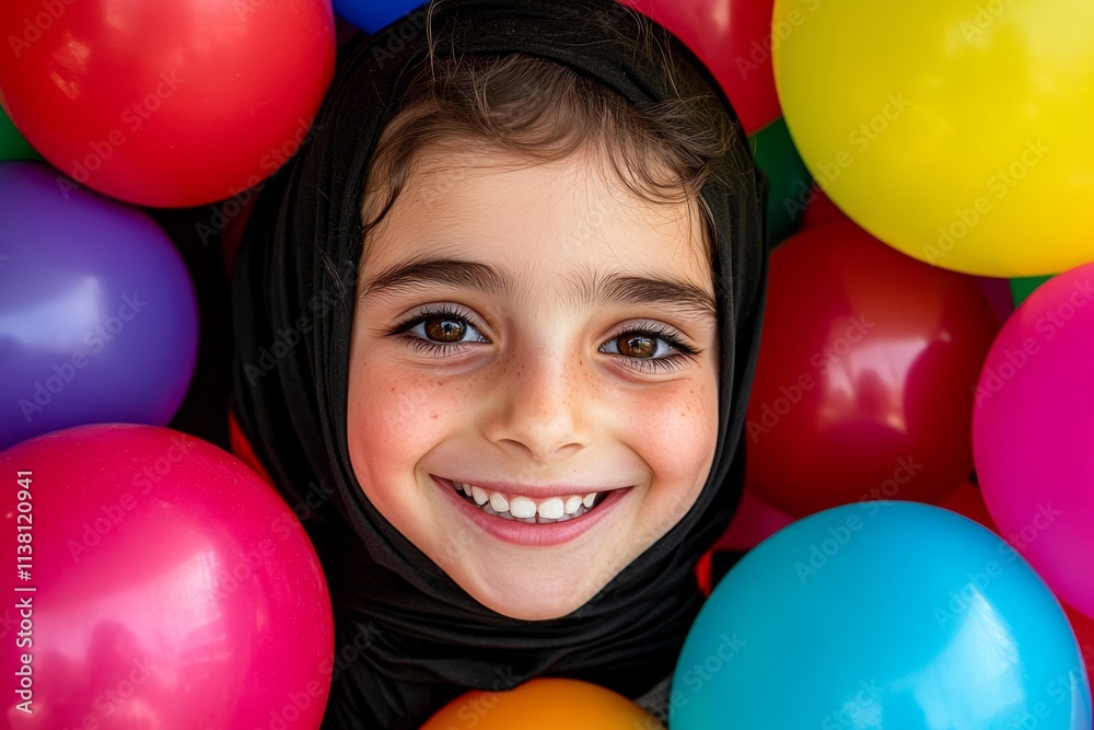 A smiling child face surrounded by colorful balloons, with joy radiating from their expression A smiling child face surrounded by colorful balloons, with joy radiating from their expression