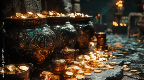 Illustration of cauldron or a black pot full of gold coins photo