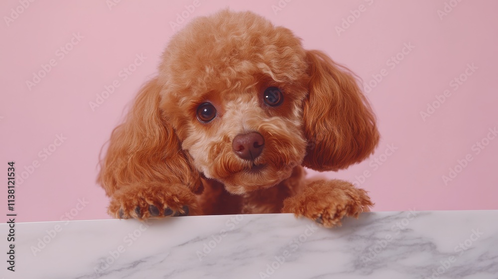 A fluffy, playful dog with a curious expression against a pastel pink background. A fluffy, playful dog with a curious expression against a pastel pink background.