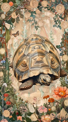 Tortoise in a Floral Paradise: A Botanical Masterpiece photo