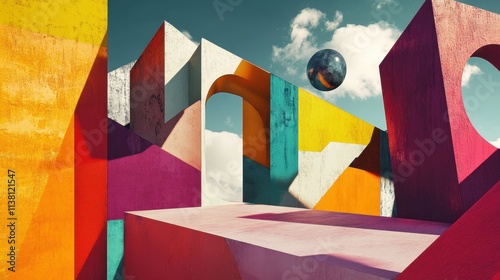 Colorful geometric abstract artwork featuring bold shapes, dynamic blocks, and vivid gradients on textured artistic background