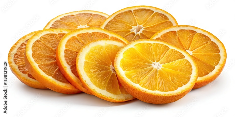 Fototapeta premium Sun-kissed organic orange slices, vibrant and juicy, perfectly isolated against a crisp white background.