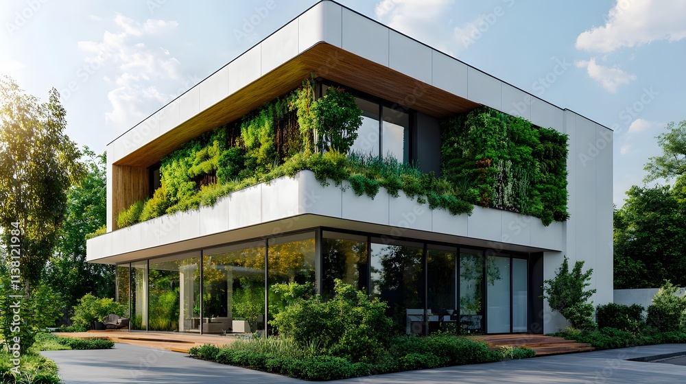Obraz premium Contemporary&nbsp;architectural&nbsp;photograph&nbsp;of white&nbsp;building facade featuring&nbsp;vertical gardens, highlighting&nbsp;sustainable design with&nbsp;green&nbsp;living walls and clean geometric lines.