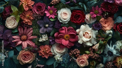 Beautiful floral arrangement with colorful roses, peonies, and lush flowers creating a vibrant and elegant botanical composition