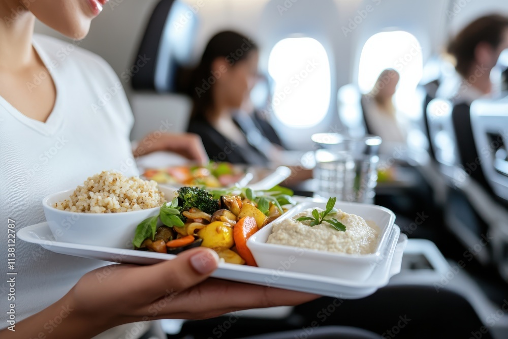 A passenger happily receives an airplane meal, featuring an assortment of vibrant vegetables and grains, designed to enhance the in-flight dining experience. A passenger happily receives an airplane meal, featuring an assortment of vibrant vegetables and grains, designed to enhance the in-flight dining experience.