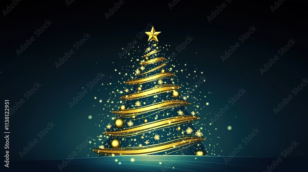 An elegant Christmas tree with gold ornaments and soft bokeh lights on a dark blue background, perfect for holiday cards, banners, invitation templates, celebrations, parties, business promotions An elegant Christmas tree with gold ornaments and soft bokeh lights on a dark blue background, perfect for holiday cards, banners, invitation templates, celebrations, parties, business promotions