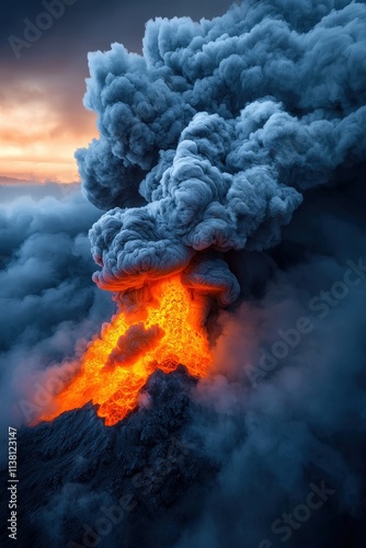 A volcano erupts with a huge cloud of smoke and ash