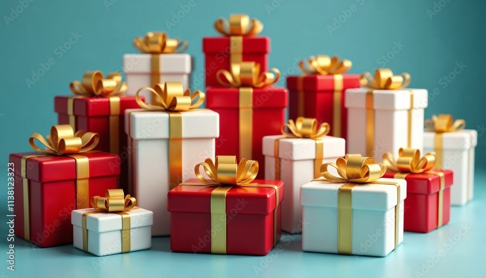 Fototapeta premium Vibrant stack of red and white presents with golden bows in a colorful 3D festive theme