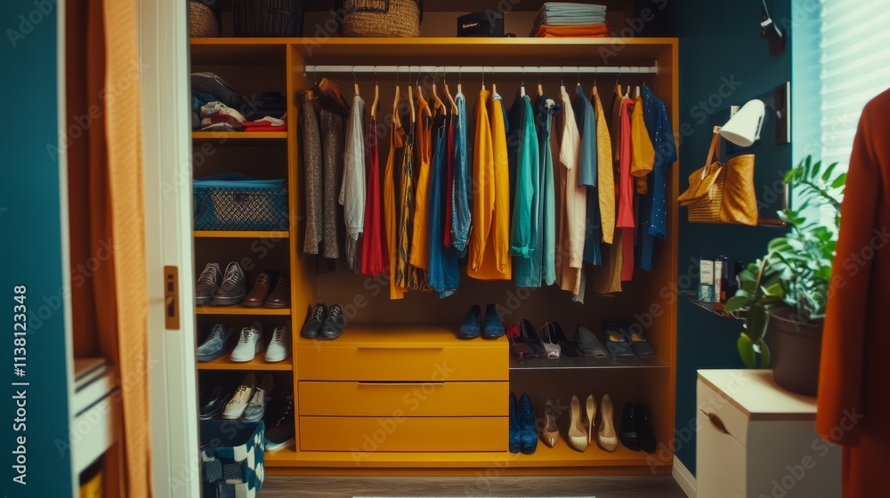 A stylish built-in wardrobe featuring vibrant clothes, shoes lined up neatly, and accessories displayed under soft natural lighting. A stylish built-in wardrobe featuring vibrant clothes, shoes lined up neatly, and accessories displayed under soft natural lighting.
