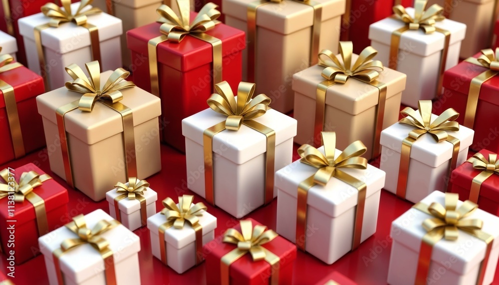 Assorted gift boxes wrapped in red, white, and gold with intricate bows in a vibrant 3D render Assorted gift boxes wrapped in red, white, and gold with intricate bows in a vibrant 3D render