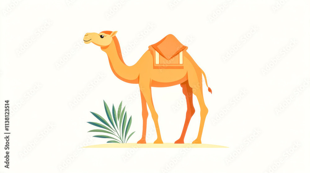 Dromedary camel standing on sand with tropical plant in minimalist style Dromedary camel standing on sand with tropical plant in minimalist style