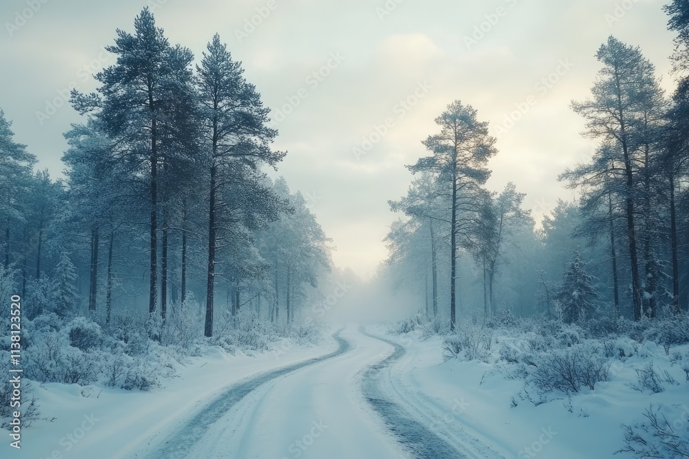 Snowy road winding through a misty winter forest Snowy road winding through a misty winter forest