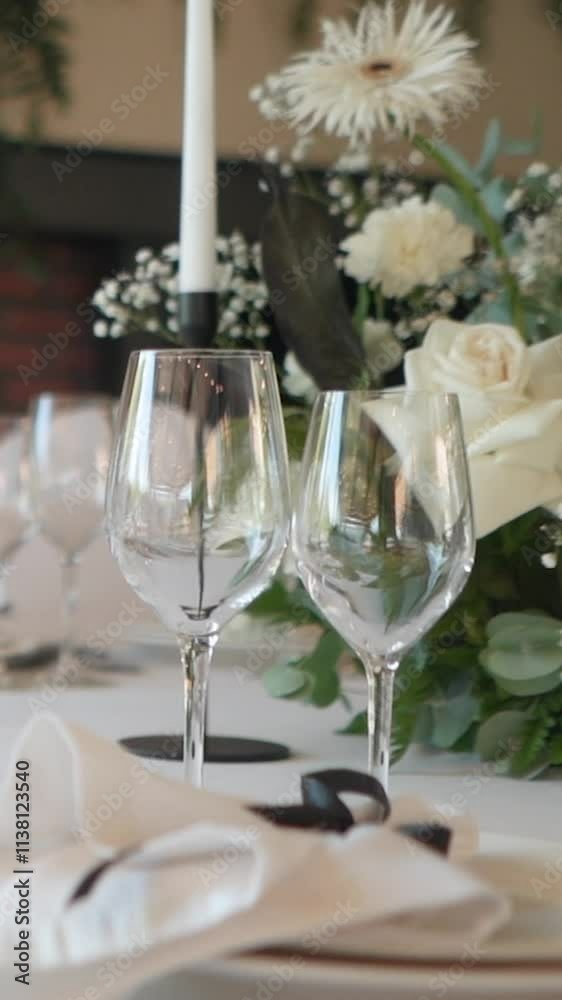 Catering service on banquet table with canape snacks in restaurant or hotel. Decorated food set on birthday, wedding celebration or business conference event venue. Setting festive table with glasses Catering service on banquet table with canape snacks in restaurant or hotel. Decorated food set on birthday, wedding celebration or business conference event venue. Setting festive table with glasses