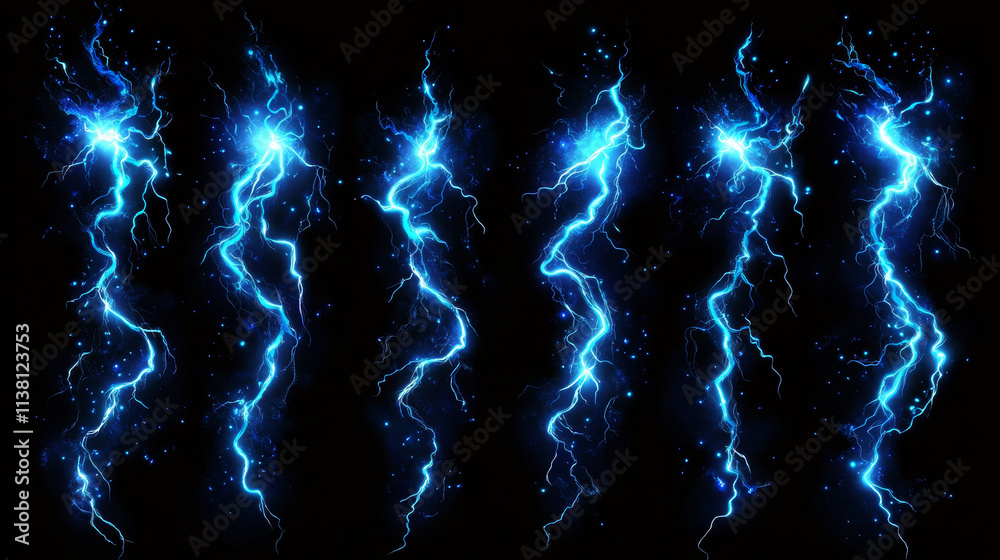 Obraz premium Lightning, electric thunderbolt strike of blue color during night storm, impact, crack, magical energy flash. Powerful electrical discharge, Realistic 3d vector bolts set isolated on black background