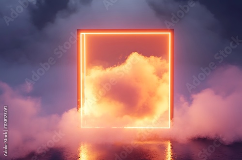 A 3D render showing a square frame with neon lighting, the center filled with misty, soft clouds glowing from within photo