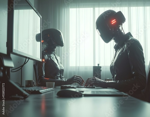 A humanoid robot working with a human in a sleek, minimalist office environment ia 