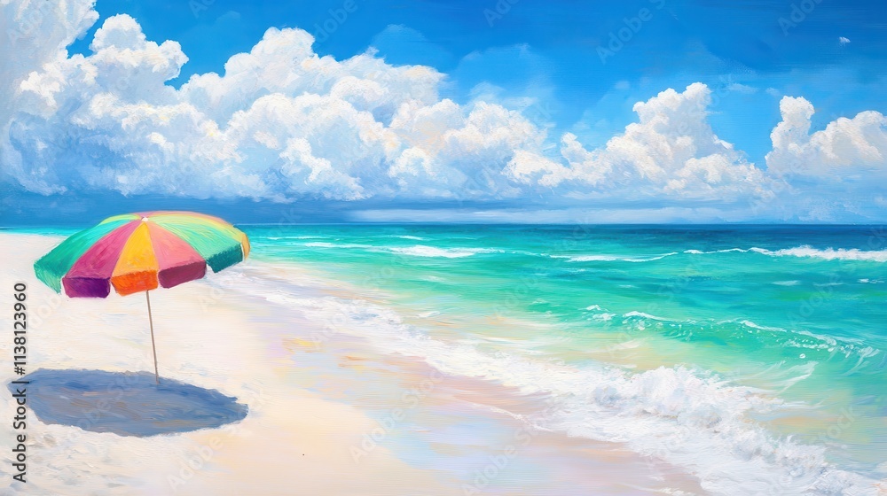 Aerial view of colorful beach umbrella on white sandy shore next to turquoise ocean waves showcasing tropical beach relaxation Aerial view of colorful beach umbrella on white sandy shore next to turquoise ocean waves showcasing tropical beach relaxation